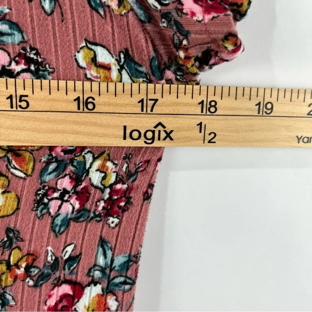 Jessica Simpson Floral Tiered Dress Size M Pink Short Sleeve Ribbed Knit - Picture 5 of 6